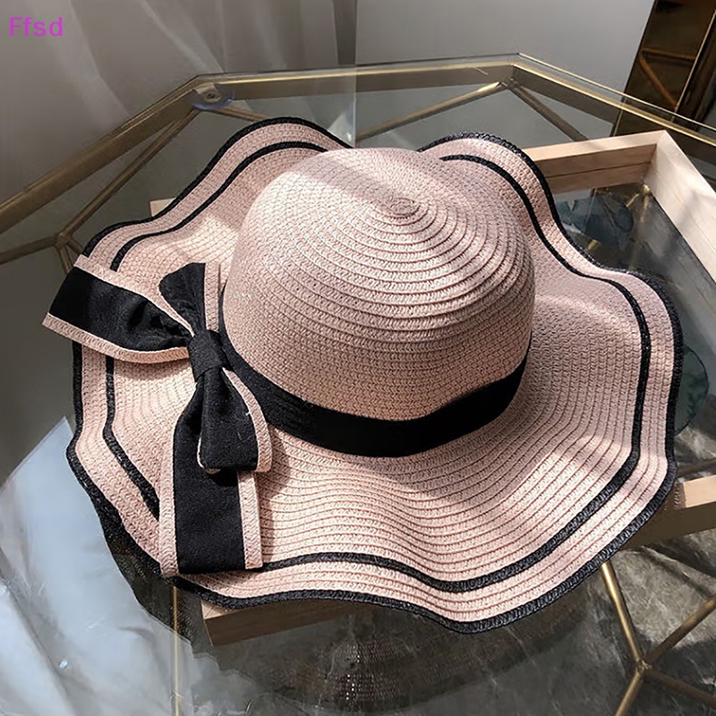 {Ffsd} Hàng Bán Chạy Mũ Rơm Chống Nắng Đi Biển Mùa Hè Ngoài Trời Phối Nơ Gợn Sóng Đôi Thời Trang Thường Ngày Cần Thiết