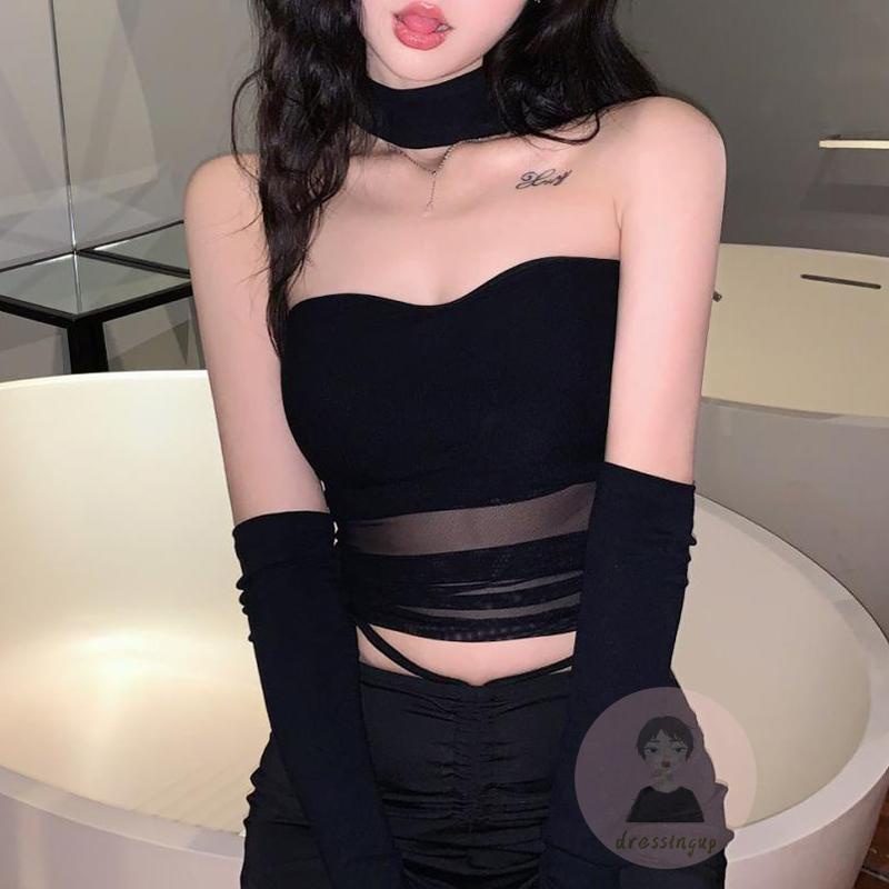 Áo Ống Hở Lưng Dạng Lưới Màu Trơn Kèm Vòng Cổ Dành Cho Nữ