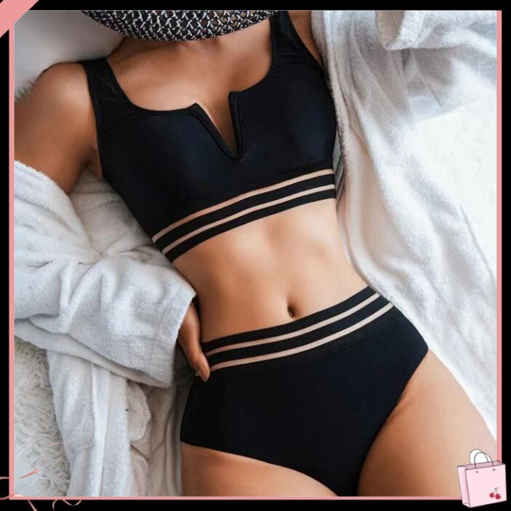 Bộ Bikini Hai Mảnh Màu Sắc Lưng Cao Cổ Chữ V Có Mút Nâng Ngực Cho Nữ