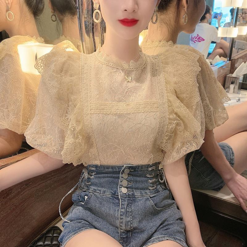 Áo Sơ Mi Chiffon Tay Ngắn Phồng Phối Ren Phong Cách Pháp Thời Trang Mùa Hè Cho Nữ