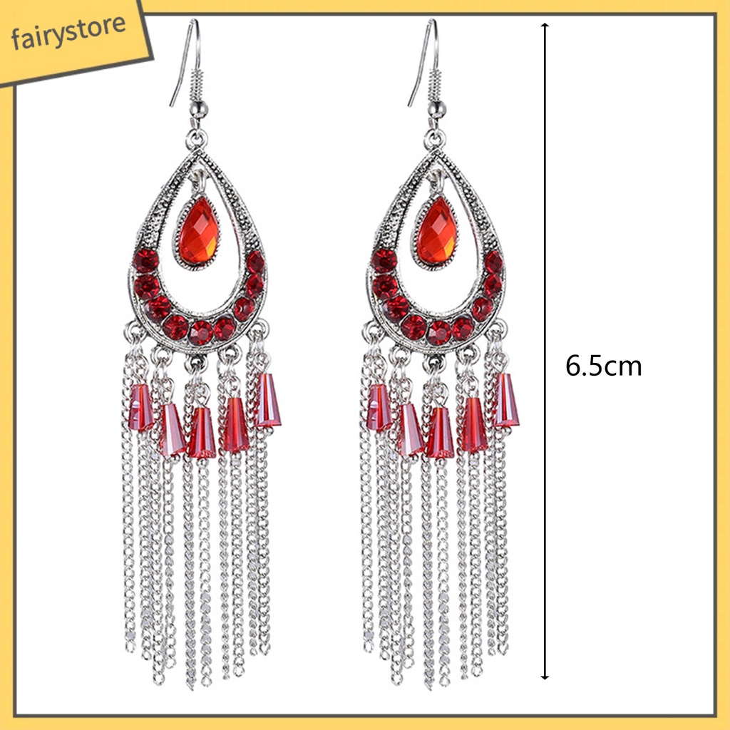 1 Đôi Bông Tai Hình Giọt Nước Đính Đá Phối Tua Rua Phong Cách Vintage