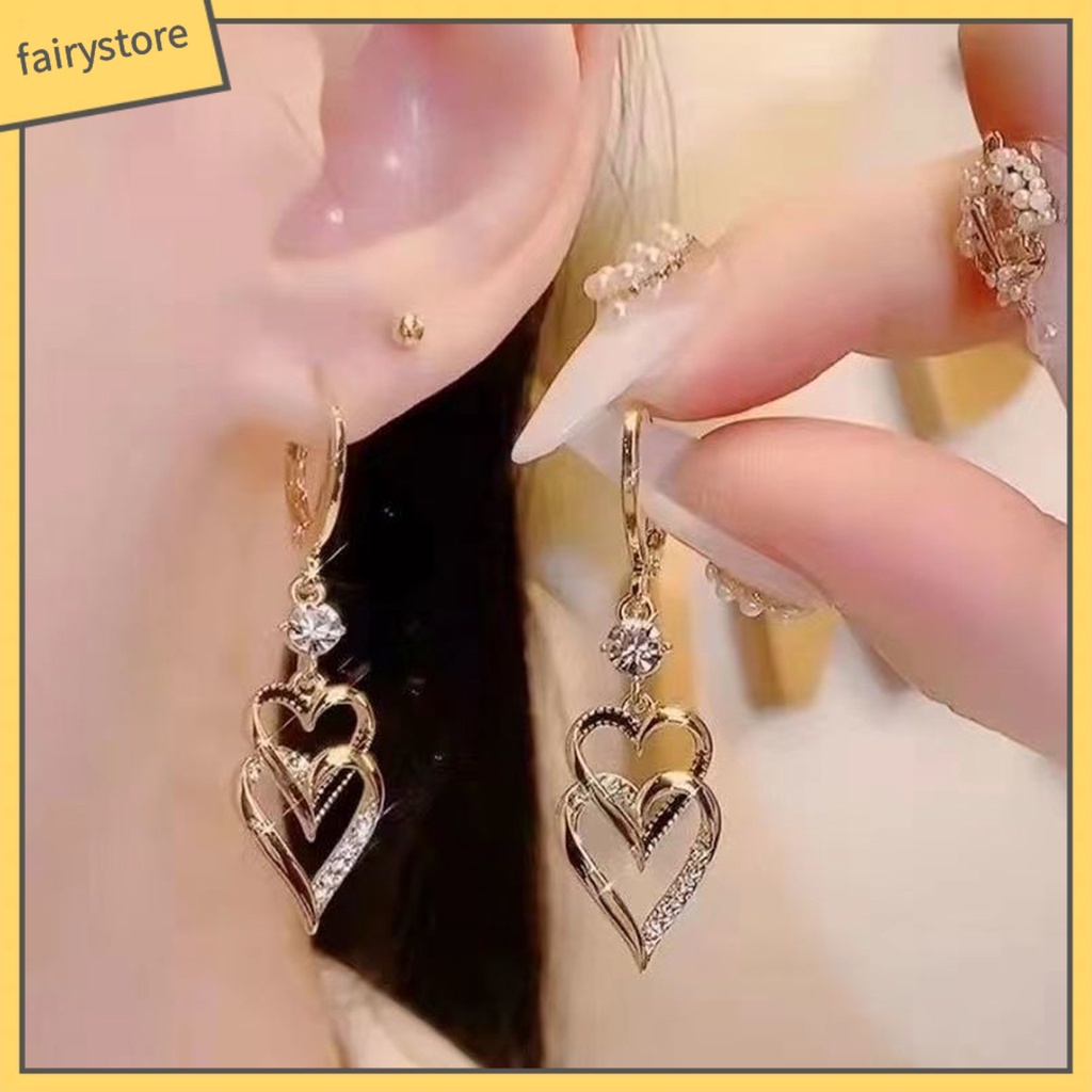 1 Đôi Bông Tai Hình Trái Tim Đính Đá Lấp Lánh Phong Cách Vintage Dành Cho Nữ