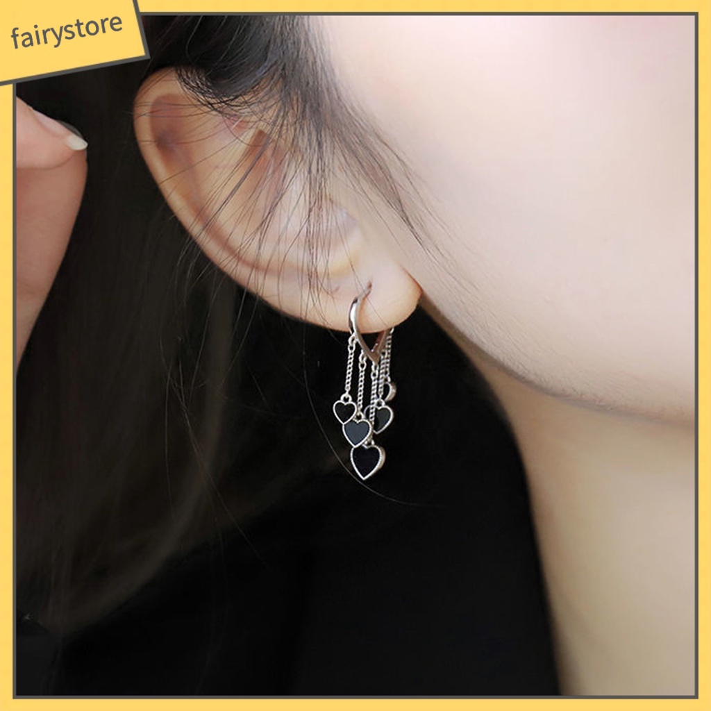 1 Đôi Bông Tai Tua Rua Hình Trái Tim Màu Đen Mạ Điện Thời Trang Cho Nữ