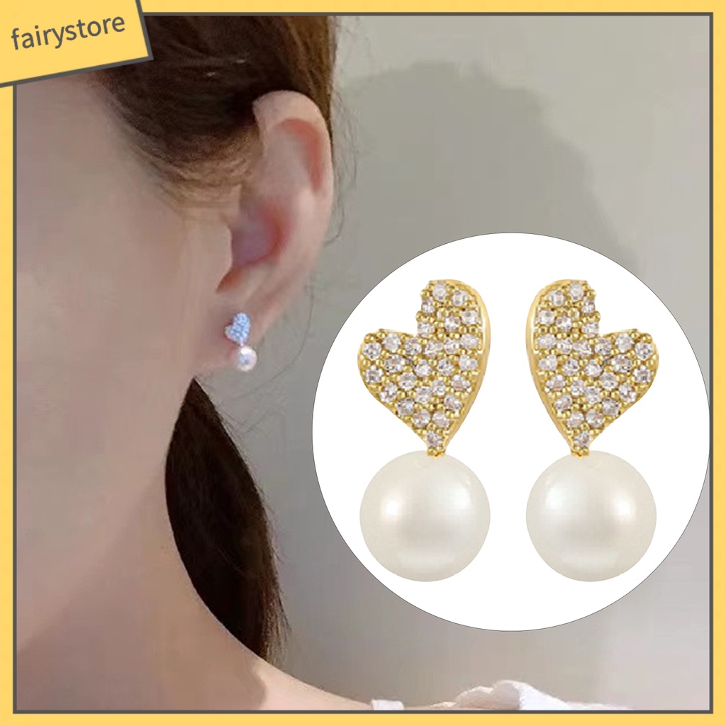 1 Đôi Bông Tai Hình Trái Tim Đính Ngọc Trai Giả Phong Cách Pháp Cổ Điển