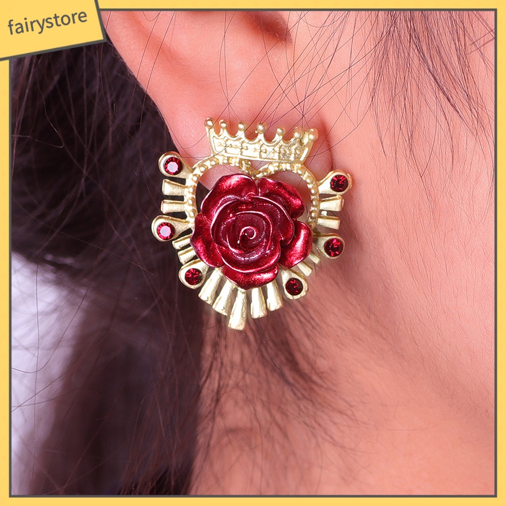 1 Đôi Bông Tai Hợp Kim Hình Hoa Hồng Đính Đá Phong Cách Retro