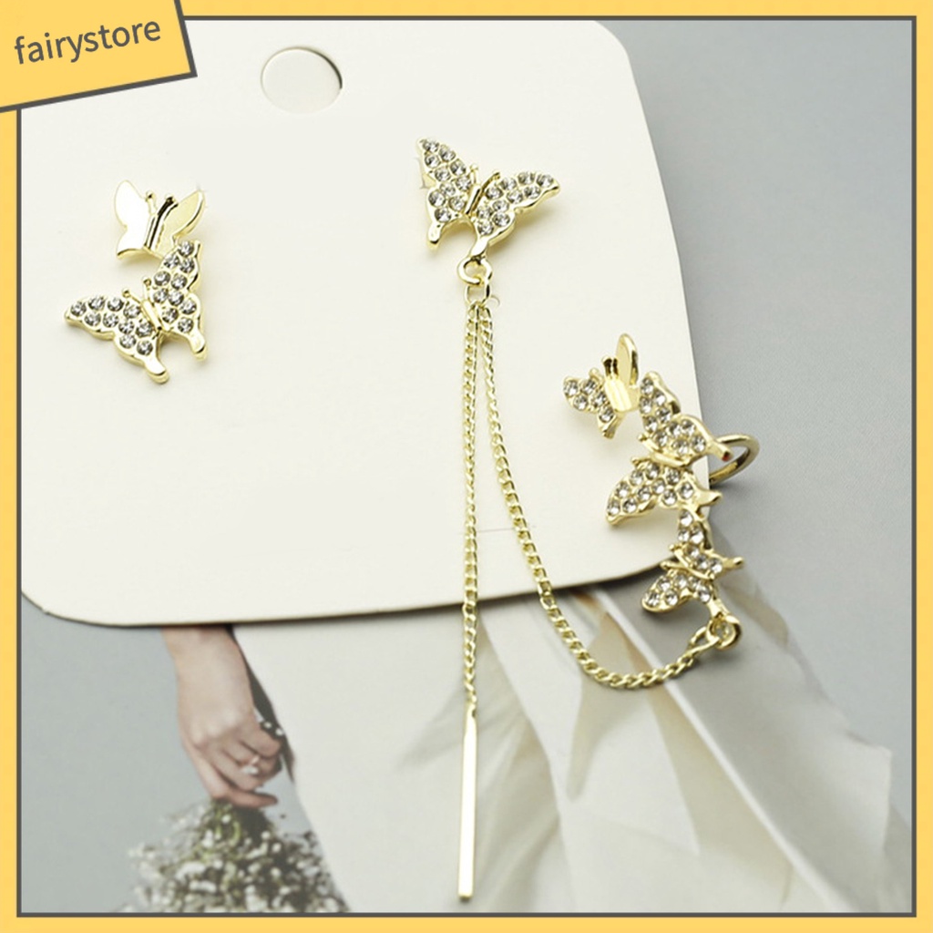 Bông Tai Dạng Kẹp Hình Bướm Không Đối Xứng Phối Tua Rua Thời Trang Cho Nữ