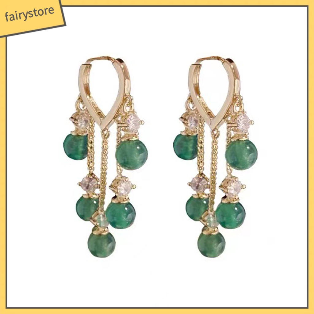 [FRO] 1 Đôi Bông Tai Thời Trang Bắt Mắt Mạ Vàng Ngọc Lục Bảo Tua Rua Đánh Bóng Tinh Tế Màu Xanh Lá Cây Nhân Tạo