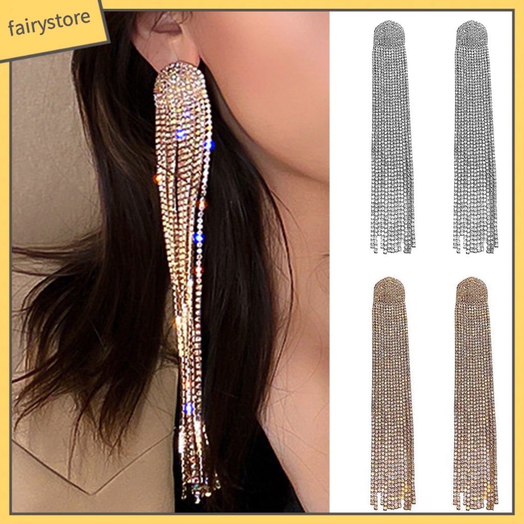 Bông Tai Dáng Dài Bằng Hợp Kim Đính Đá Lấp Lánh Thời Trang Cho Nữ