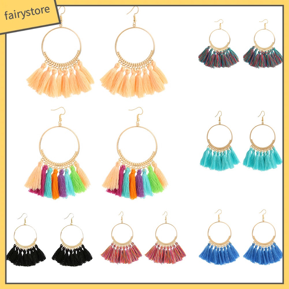 Đôi Khuyên Tai Tròn Phối Tua Rua Phong Cách Vintage Thời Trang Cho Nữ