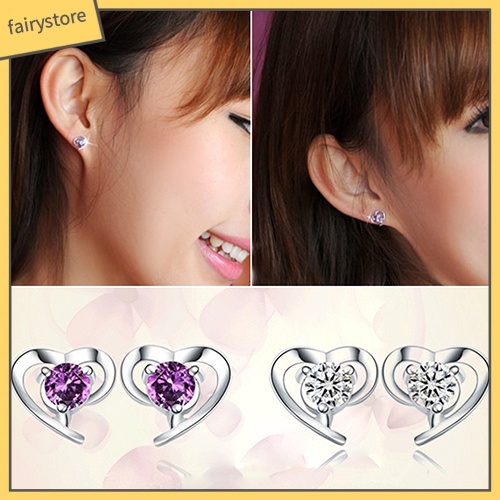 Bông Tai Mạ Bạc 925 Hình Trái Tim Đính Đá Thời Trang Dành Cho Nữ