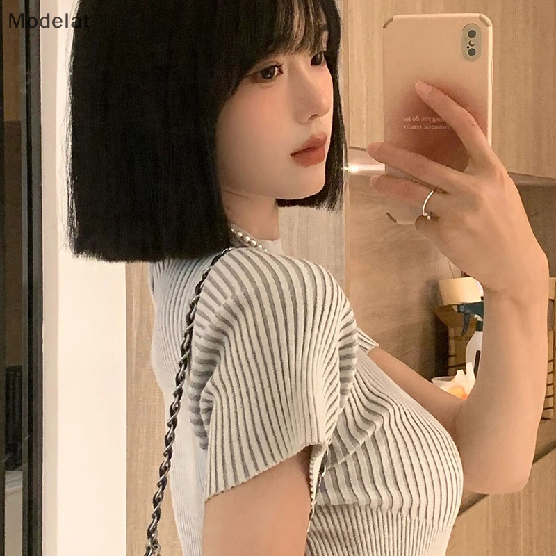 Áo Thun Croptop Dệt Kim Tay Ngắn Cổ Tròn Màu Trơn In Chữ Thời Trang Mùa Hè Cho Nữ