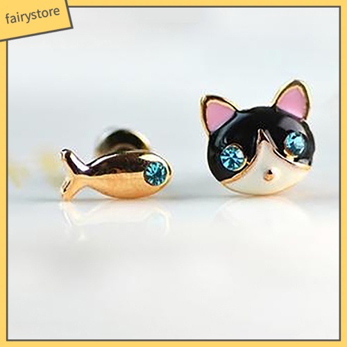 1 Đôi Bông Tai Hình Mèo Và Cá Đính Đá Thời Trang Hàn Quốc Dành Cho Nữ