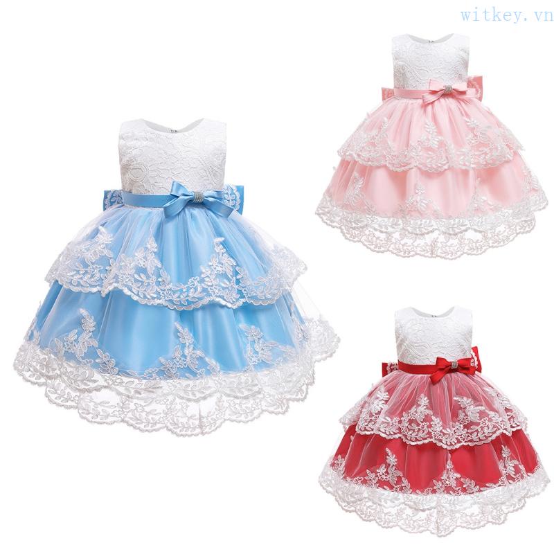 Đầm Công Chúa Không Tay Vải Tuyn Đính Nơ Phối Ren Thêu Hoa Dễ Thương Cho Bé Gái