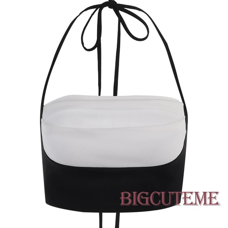 [] - Áo Crop Top Không Tay Ôm Dáng Màu Sắc Tương Phản Buộc Dây Dành Cho Nữ