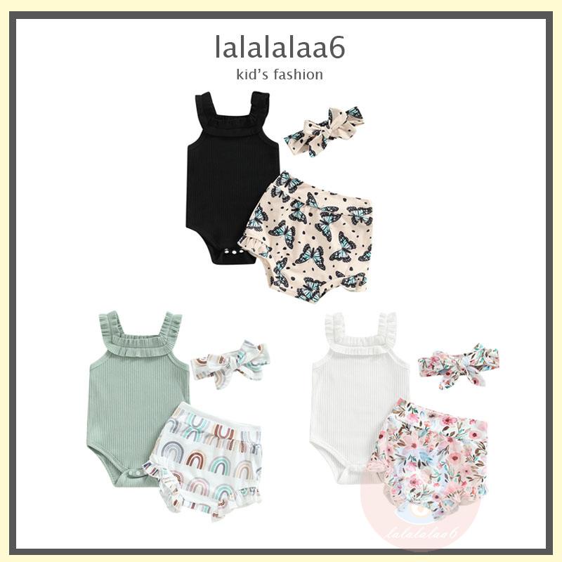 Laa6-bộ Áo Liền Quần Sát Nách + Quần Short In Hình Hoa / Cầu Vồng / Bướm + Băng Đô