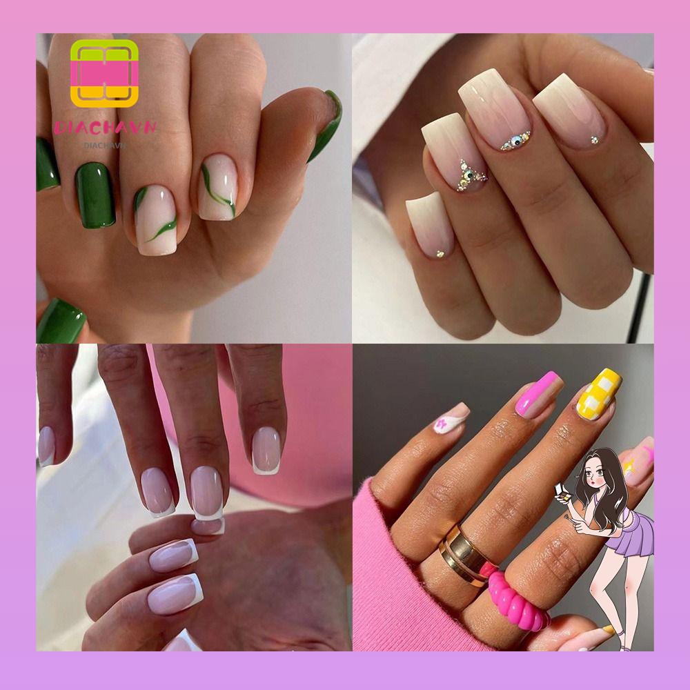 Set 24 Móng Tay Giả Viền Trắng DIY