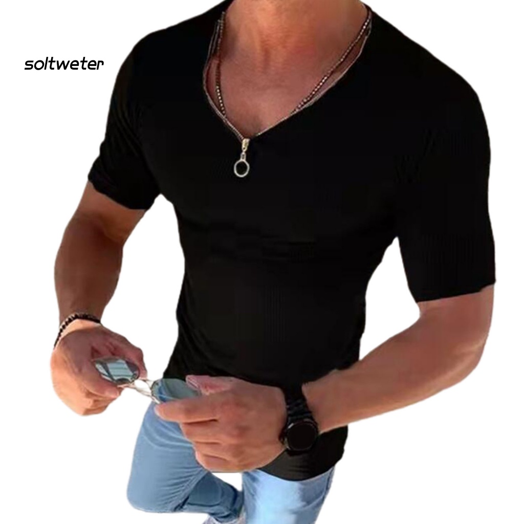 Áo Thun Cổ Tròn Màu Sắc Đơn Giản Có Khóa Kéo Thời Trang Mùa Hè Cho Nam