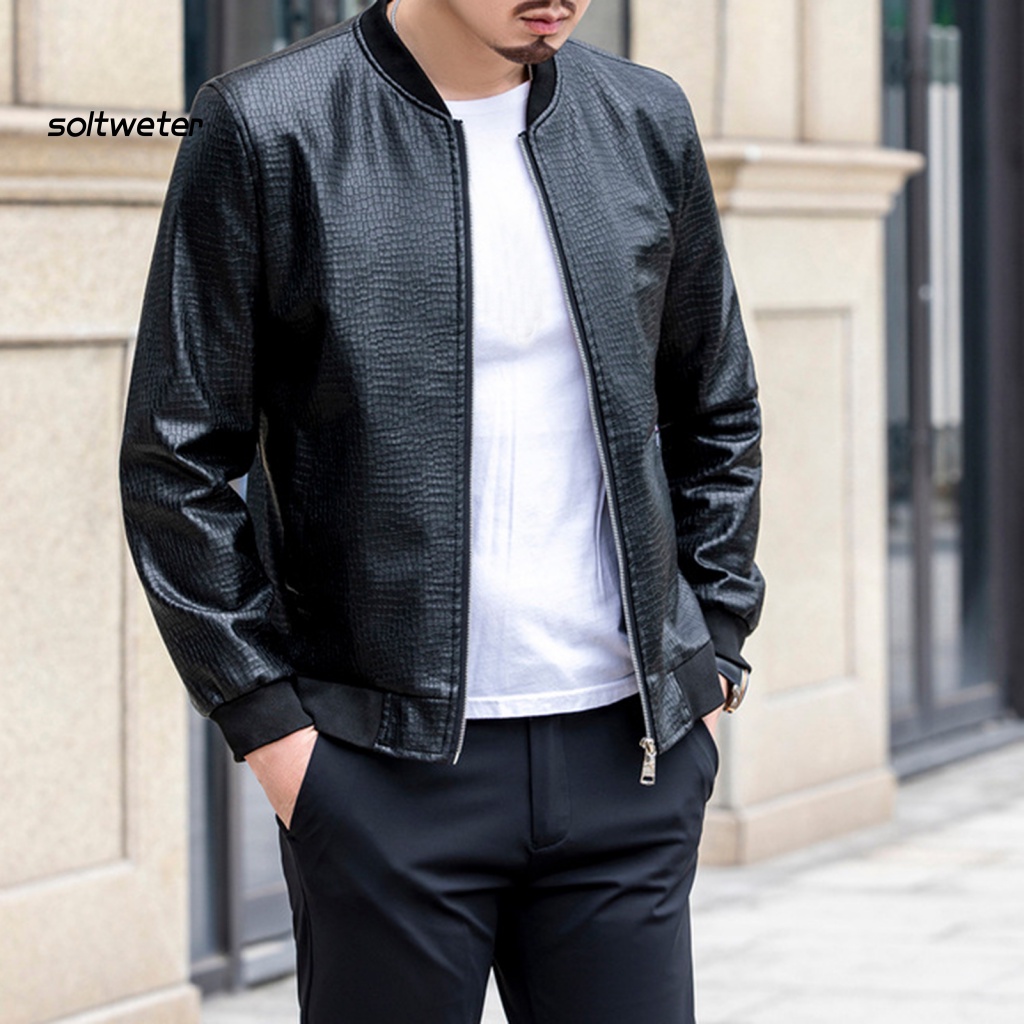 Áo Khoác Giả Da Tay Dài Cổ Đứng Màu Trơn Có Khóa Kéo Phong Cách Đường Phố Cho Nam
