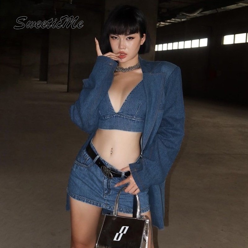 Set Áo Cổ Chữ V Không Tay + Chân váy jean Ngắn Lưng Thấp Màu Trơn Thời Trang Mới 2023 Cho Nữ