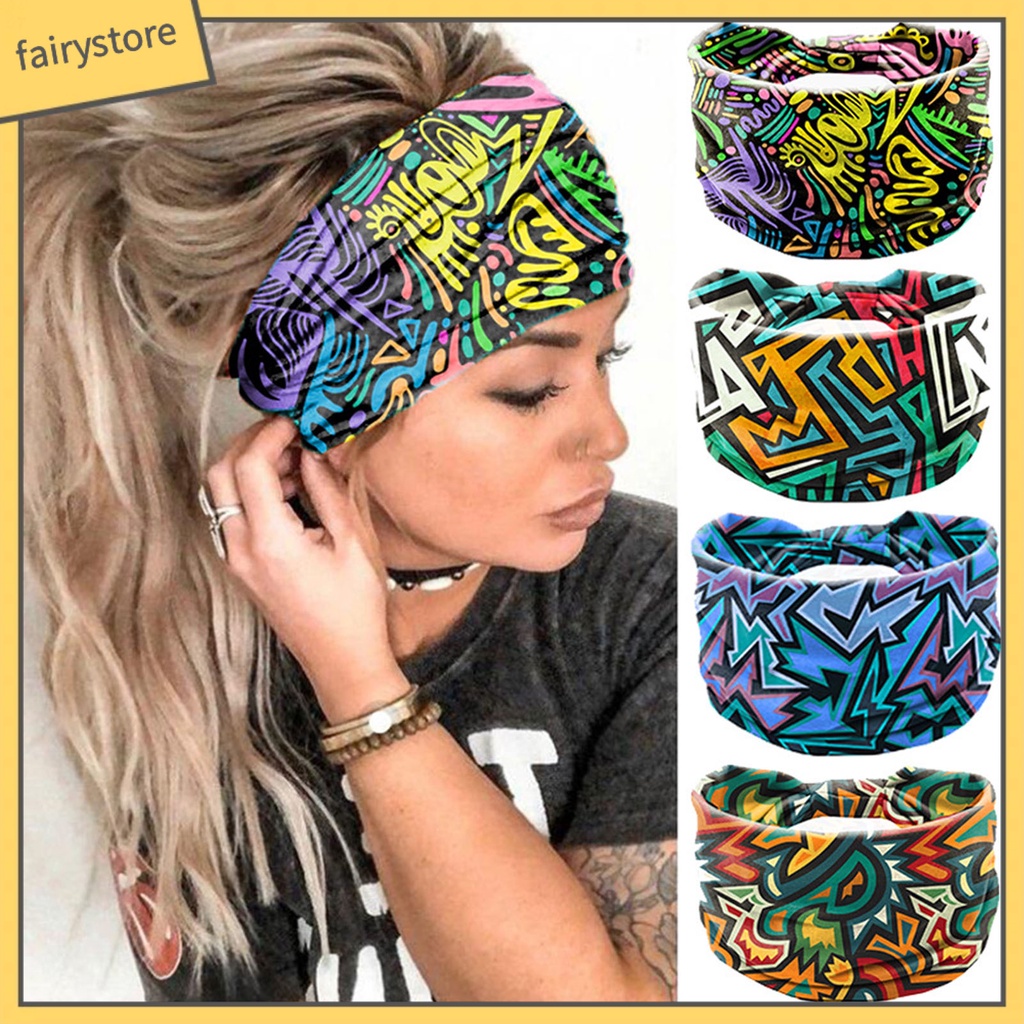 Băng Đô Cài Tóc Bản Rộng Thấm Hút Mồ Hôi Nhanh Khô Co Giãn In Họa Tiết Caro Phong Cách Bohemia Cho Nữ