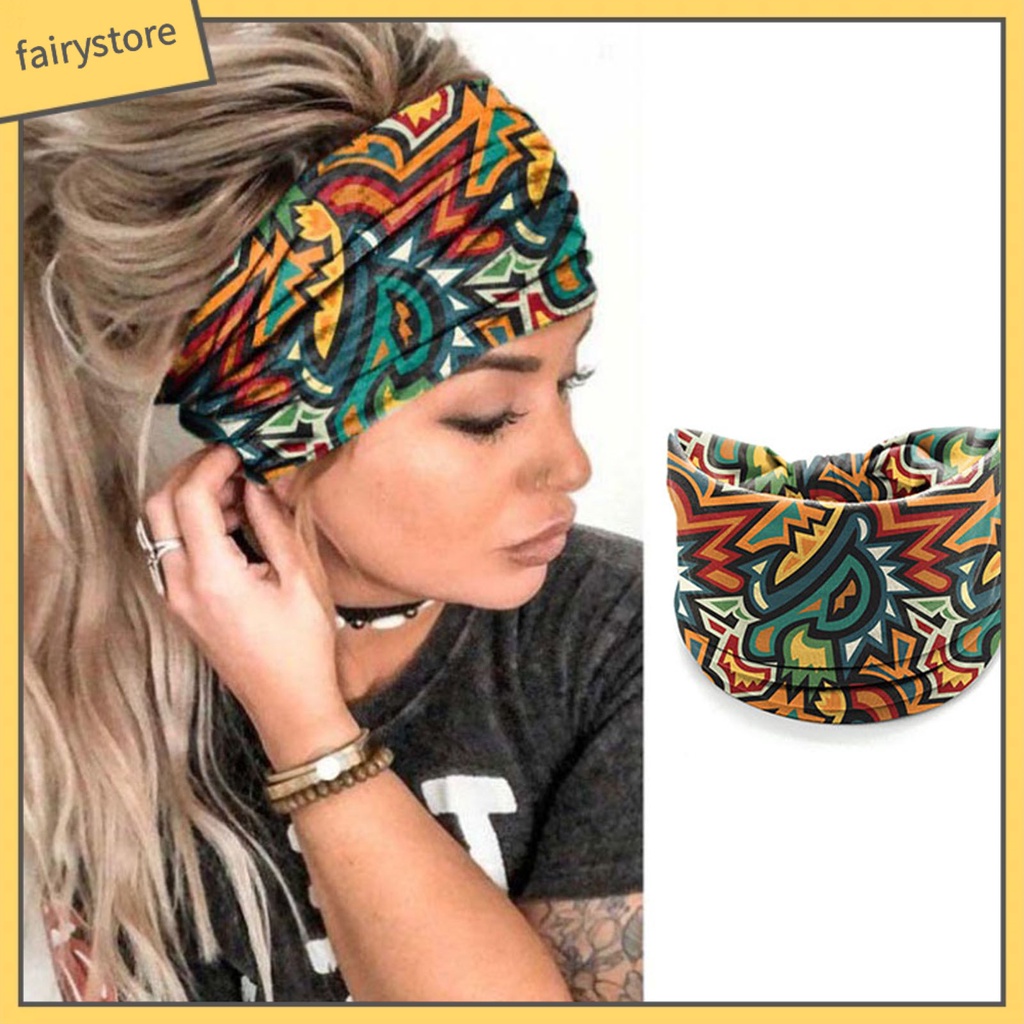 Băng Đô Cài Tóc Bản Rộng Thấm Hút Mồ Hôi Nhanh Khô Co Giãn In Họa Tiết Caro Phong Cách Bohemia Cho Nữ
