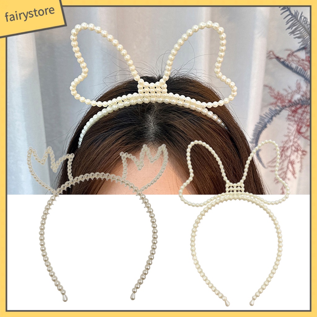 Băng Đô Hình Sừng Hươu Đính Ngọc Trai Giả Màu Trơn Co Giãn Dành Cho Nữ