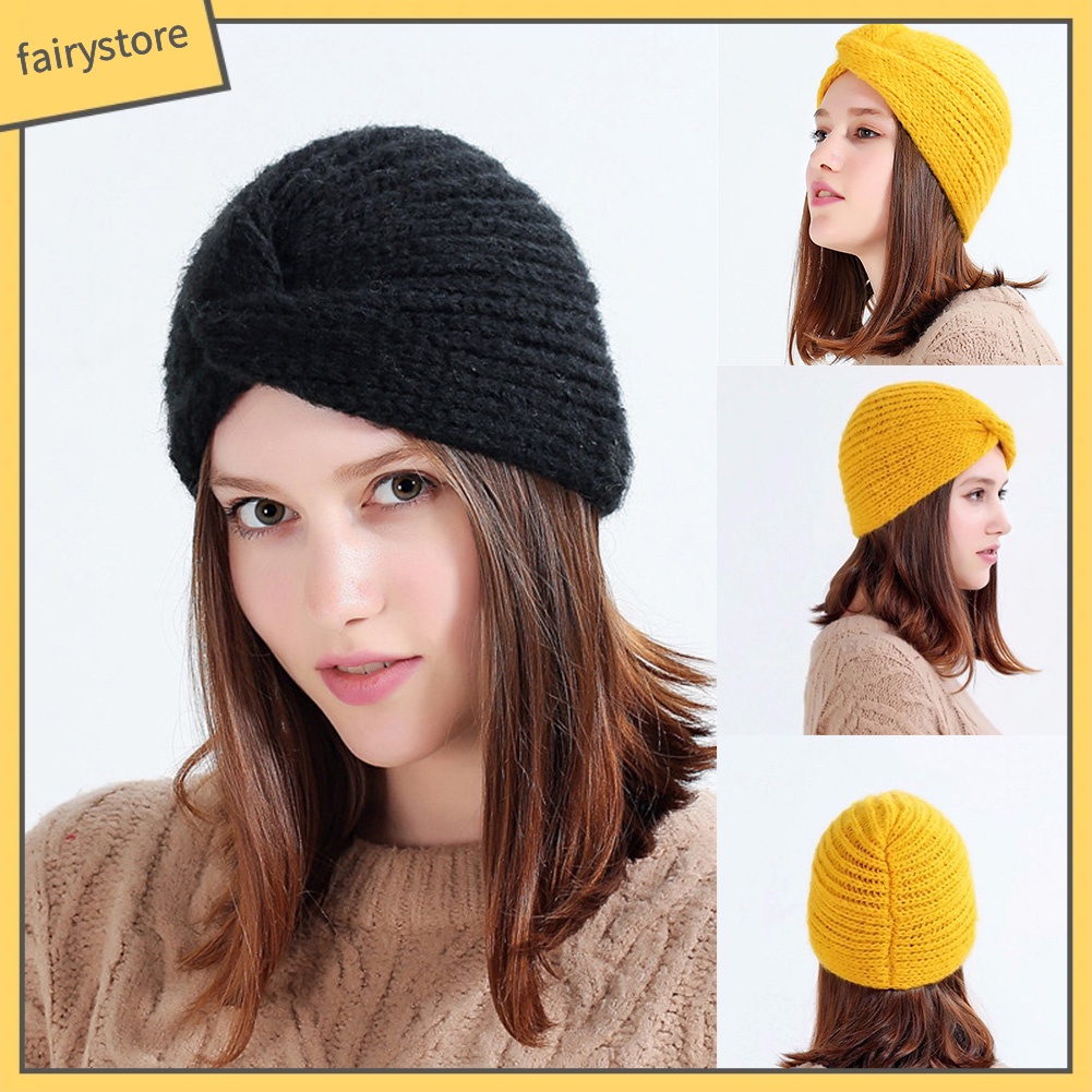 Mũ Turban Đan Len Màu Trơn Thời Trang Thu Đông Cho Nữ