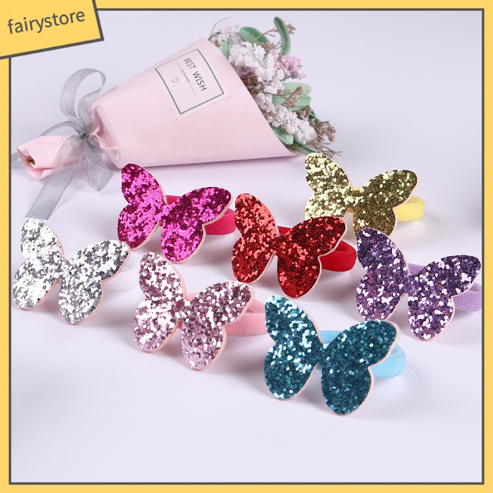 Set 7 Dây Cột Tóc Co Giãn Đính Kim Sa Hình Bướm Cho Bé Gái