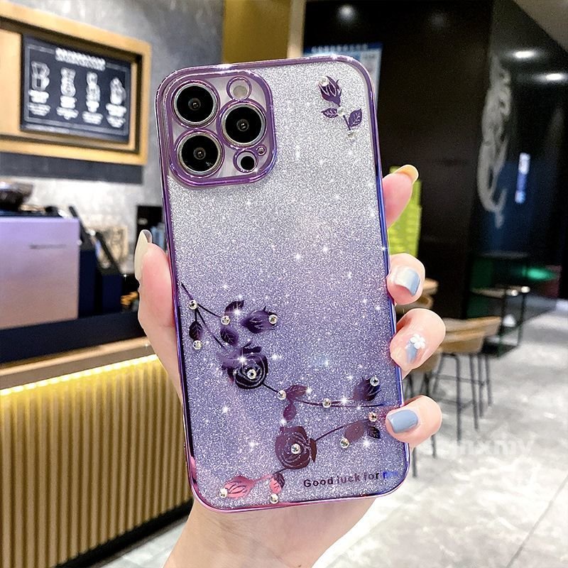 Ốp Điện Thoại Trong Suốt Chống Rơi Họa Tiết Hoa Đính Kim Cương Giả Lấp Lánh Cho Iphone 14 13 12 11 Pro Max 7 8 Plus X XR XS