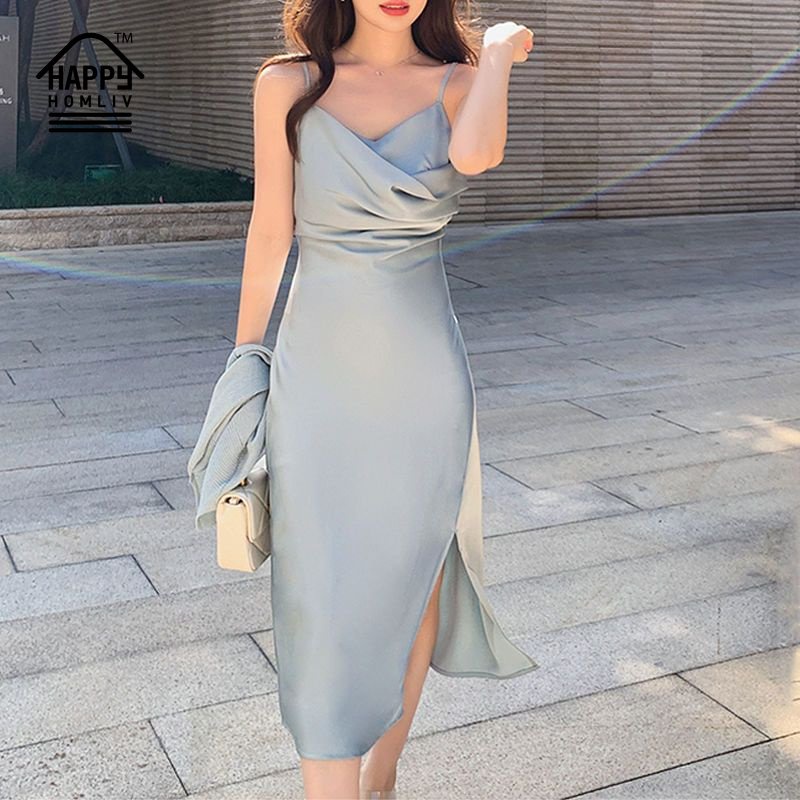Happy HOMLIV Đầm Hai Dây Màu Xanh Dương Kiểu Pháp Có Thể Kết Hợp Với Áo Khoác Cardigan Dệt Kim Cho Nữ