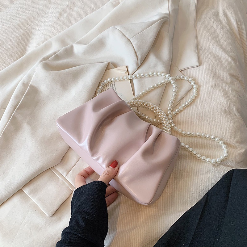 Túi Đeo Chéo Hình Đám Mây Xếp Ly Đính Ngọc Trai Thời Trang Dễ Phối Đồ Cho Nữ