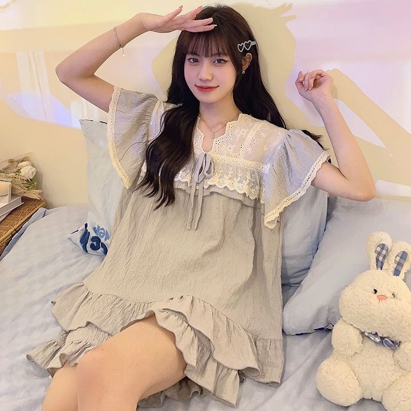 Bộ Đồ Ngủ Tay Ngắn Phối Ren Dễ Thương Thời Trang Mùa Hè 2023 Cho Bạn Gái