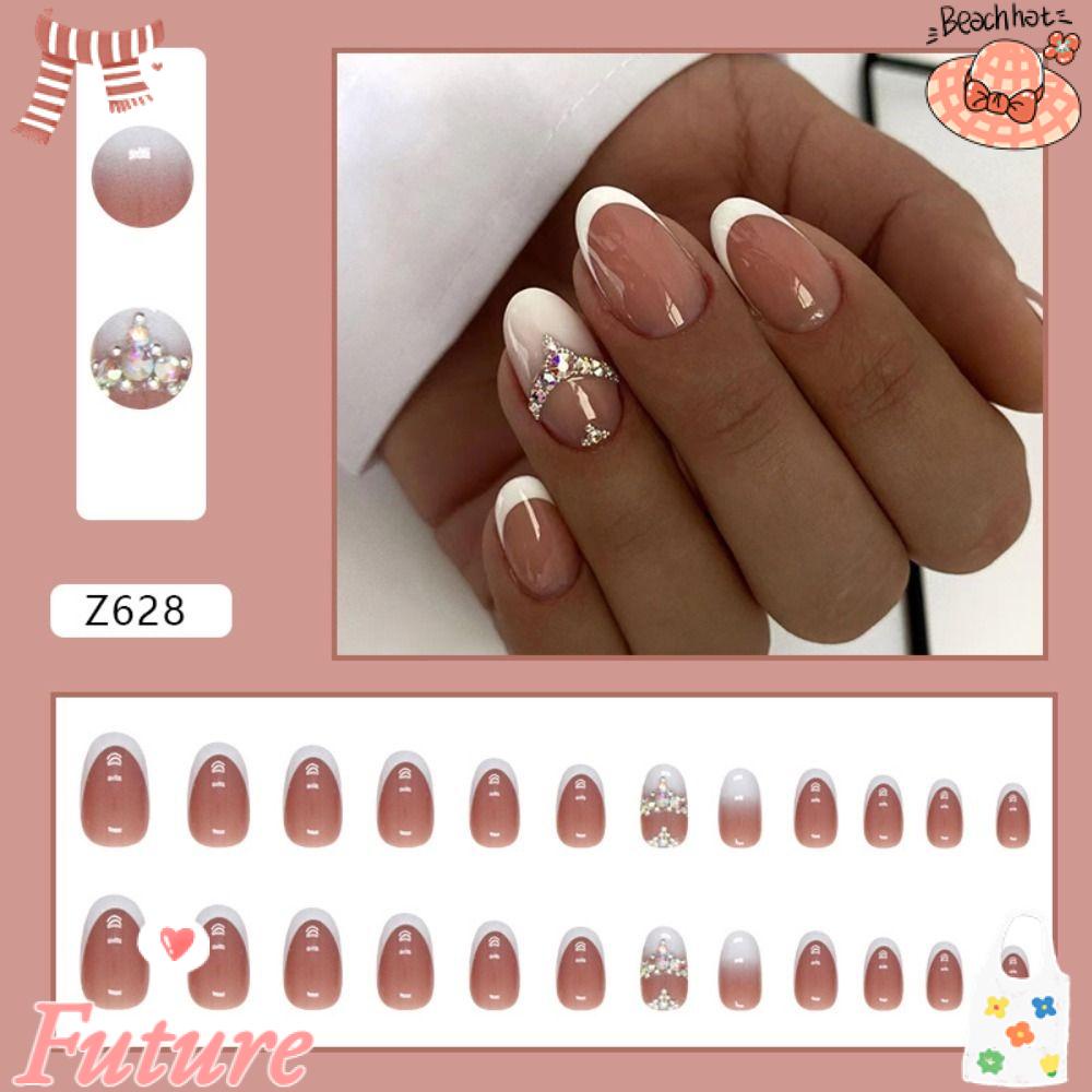 Set 24 Móng Tay Giả Lấp Lánh Thời Trang DIY|Miếng Dán Trang Trí Hình Oval Xinh Xắn