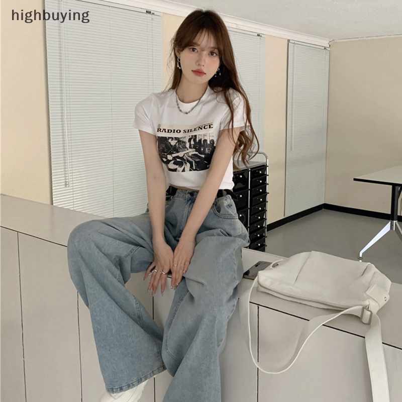 Áo Thun Lửng Ngắn Tay Cổ Tròn In Họa Tiết Kiểu Retro Mỹ Cho Nữ