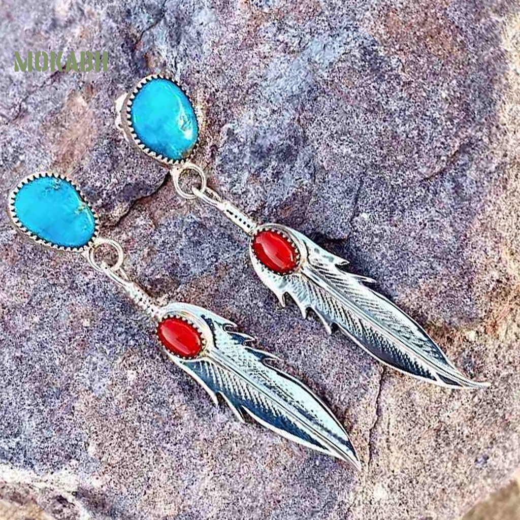 1 Đôi Bông Tai Hình Lông Vũ Đính Đá Ngọc Lam Nhân Tạo Dáng Dài Thanh Lịch Dành Cho Nữ