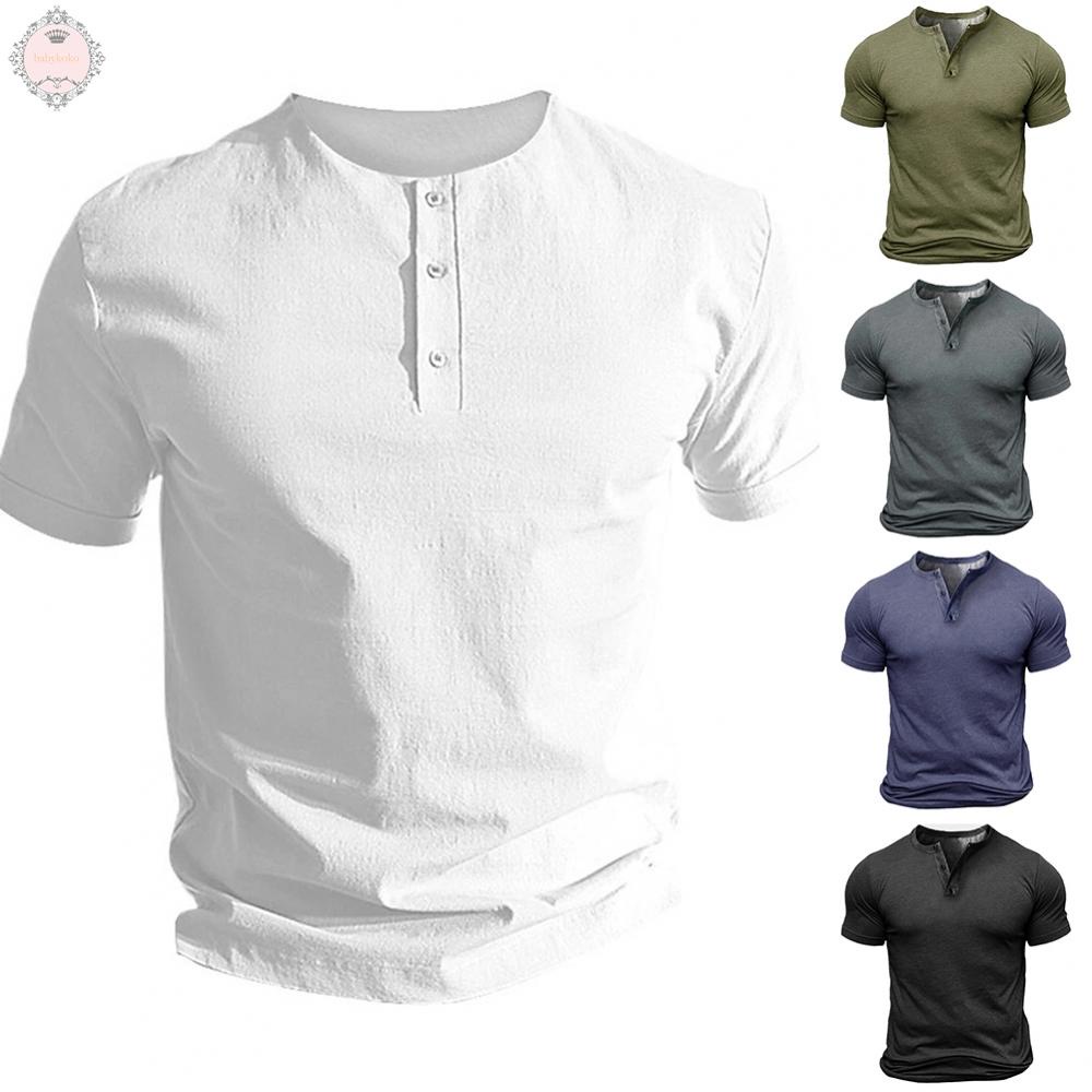 Vintage Henley T Shirt Men's Casual Top V Neck Tee Short Sleeve Men Pullover Blouse