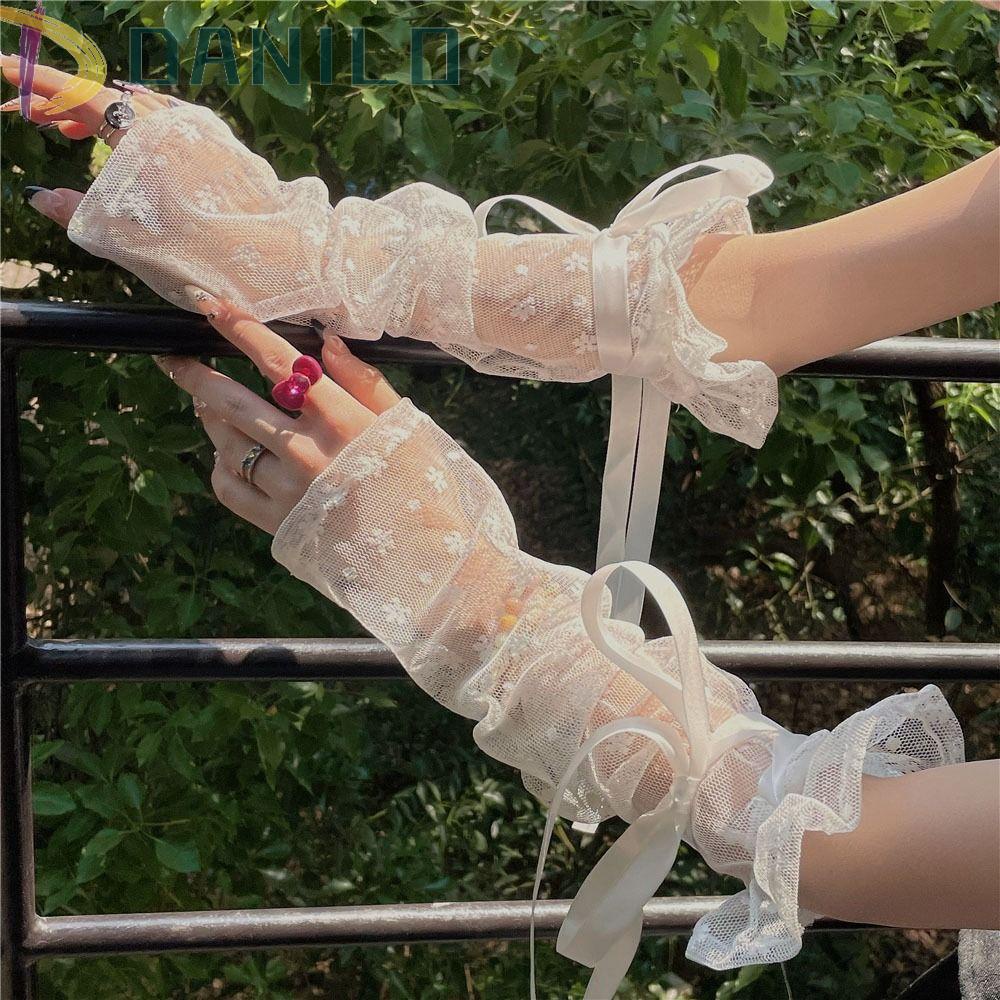 Găng Tay Chống Nắng Hở Ngón Co Giãn Giữ Ấm Phối Ren Ruy Băng Rỗng Kiểu Lolita Dùng Khi Lái Xe / Múa Ba Lê