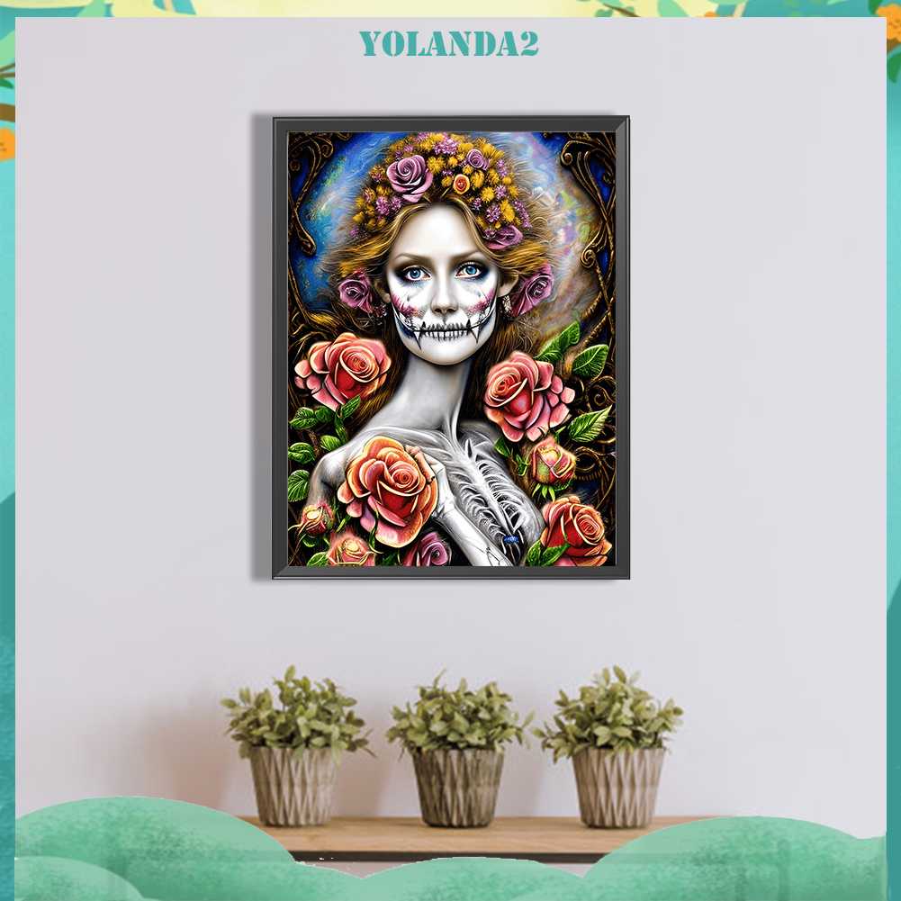 Tranh Đính Đá Kim Cương Toàn Bộ 5D DIY Hình Đầu Lâu Hoa Hồng