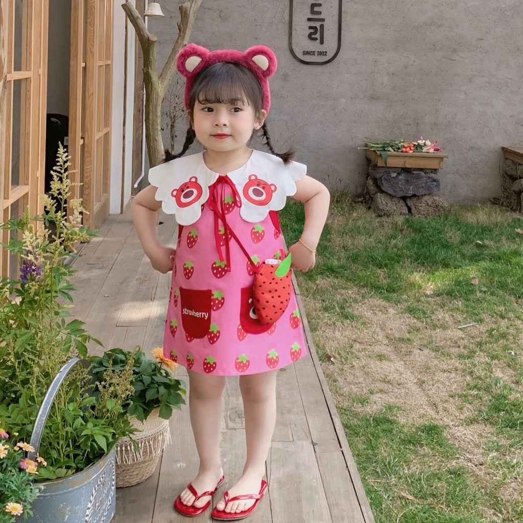 Đầm Sát Nách Cổ Bẻ In Họa Tiết Dâu Tây Hoạt Hình Dễ Thương Thời Trang Mùa Hè Cho Bé Gái