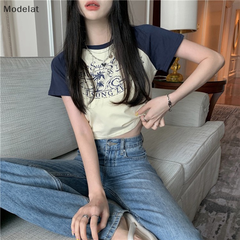 Áo Thun Crop Top Tay Ngắn Cổ Tròn In Họa Tiết Retro Mỹ Thời Trang Mùa Hè Cho Nữ