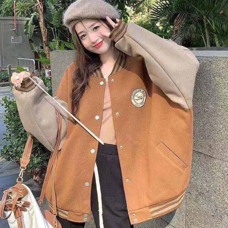 Áo Khoác Bóng Chày Tay Dài Dáng Rộng Bằng Vải Lông Thời Trang Thu Đông Cho Nữ