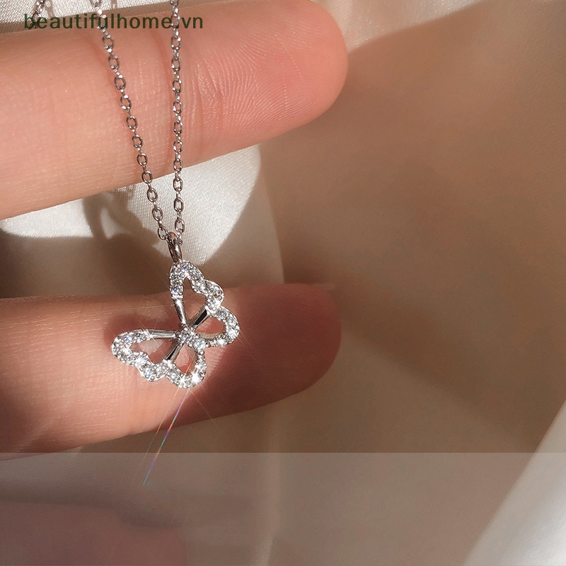Vòng cổ Bạc Mặt Hình Bướm Rỗng Đính Đá Zircon Lấp Lánh Thời Trang Cho Nữ