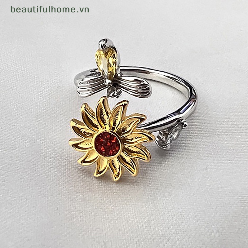 Nhẫn Mở Hình Hoa Hướng Dương / Ong Bằng Đồng Zircon Xoay Được Giúp Giảm Căng Thẳng Điều Chỉnh Được Thời Trang Cho Nữ [beauty]