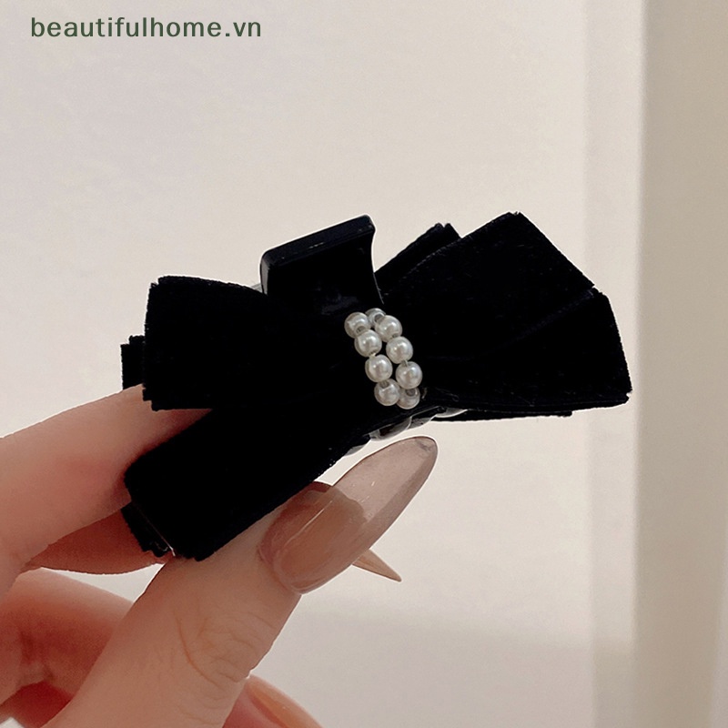 [beautifulhome] Kẹp Tóc Nơ Càng Cua Đính Ngọc Trai Nhung Phong Cách Vintage Pháp Thanh Lịch Cho Nữ [beauty]