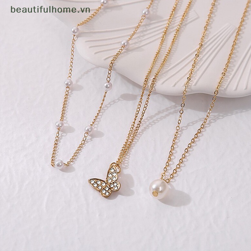 [beautifulhome] Vòng Cổ Choker Nhiều Lớp Mặt Hình Bướm Và Ngọc Trai Trang Nhã Dành Cho Nữ [beauty]