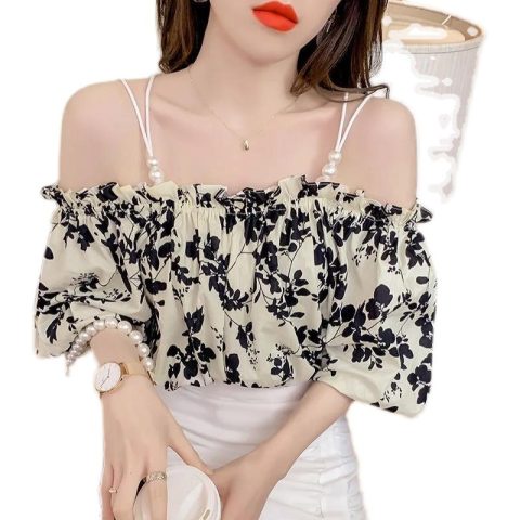 Áo Kiểu Trễ Vai Tay Ngắn Họa Tiết Hoa Phong Cách Pháp Thời Trang Mùa Hè Mới Cho Nữ HZFWC1178