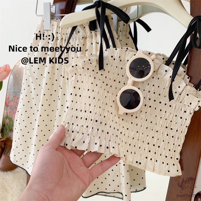 Bộ Áo Hai Dây Chấm Bi + Quần Dài Lưng Thun Ống Rộng Thời Trang Mùa Hè Hàn Quốc Cho Bé Gái