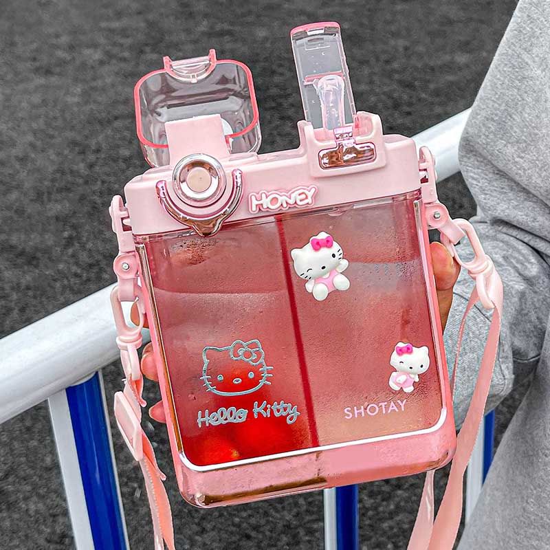 SANRIO Bình Nước 700ml Hình Vuông Cỡ Lớn In Họa Tiết Hoạt Hình Dễ Thương Kèm Ống Hút Tiện Dụng Cho Học Sinh