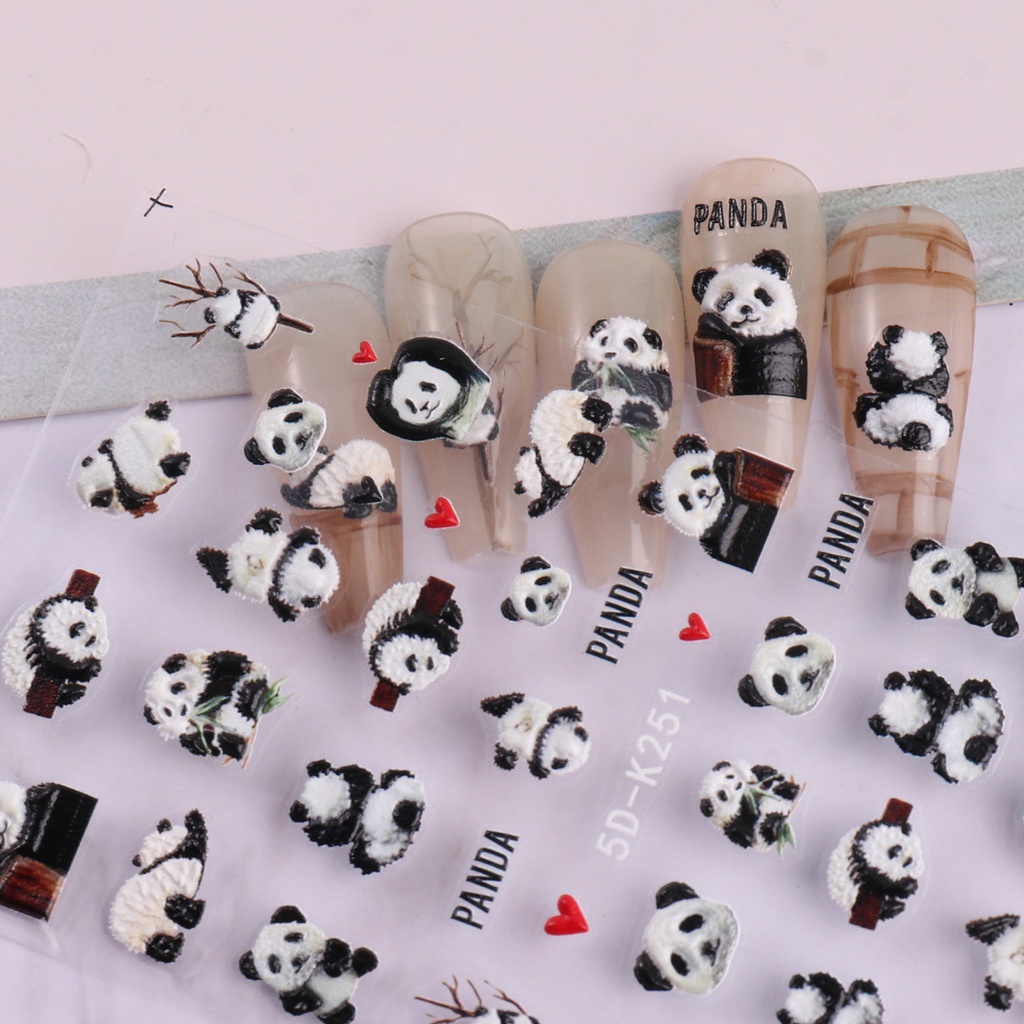 Miếng Dán Trang Trí Móng Tay Họa Tiết Gấu Trúc Hoạt Hình 5D Dễ Thương