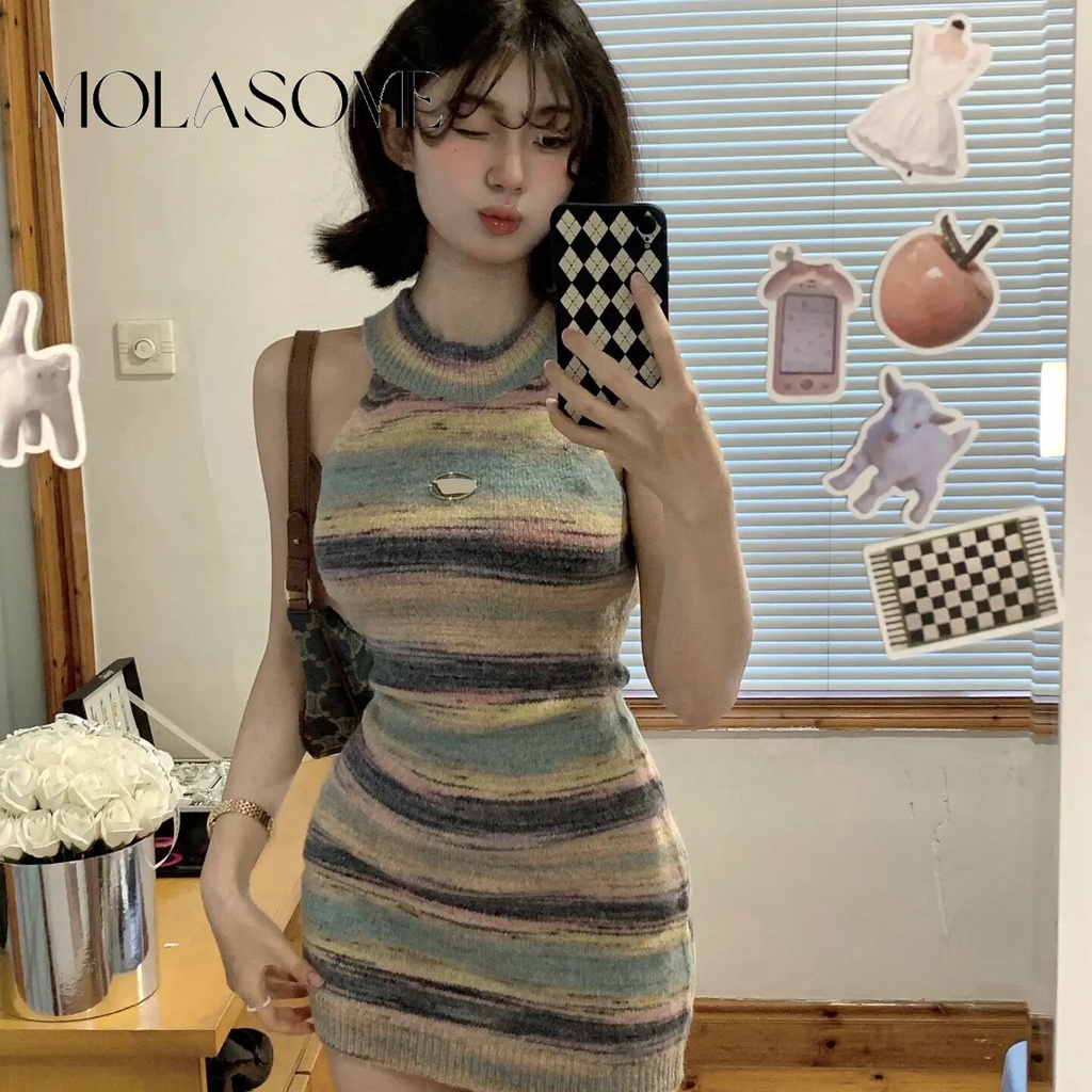 Đầm Dệt Kim Mini Sát Nách Cổ Tròn Màu Sắc Tương Phản Thời Trang 2023 Cho Nữ